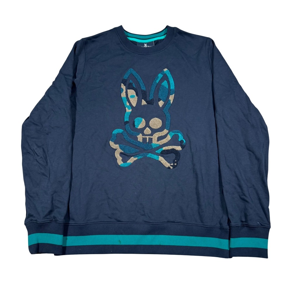 Psycho Bunny Sweatshirt Mens Medium Navy Blue Camo Chenille Logo Skull Crewneck